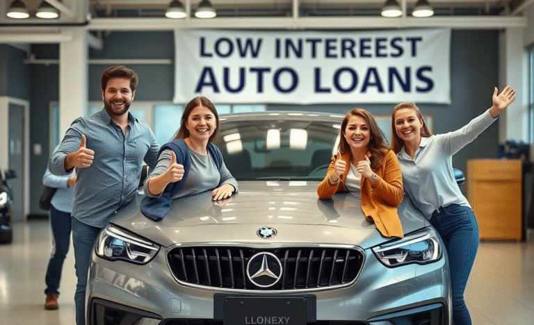 Imagen de un automóvil nuevo con un rótulo de crédito vehicular con intereses reducidos y entrega garantizada.